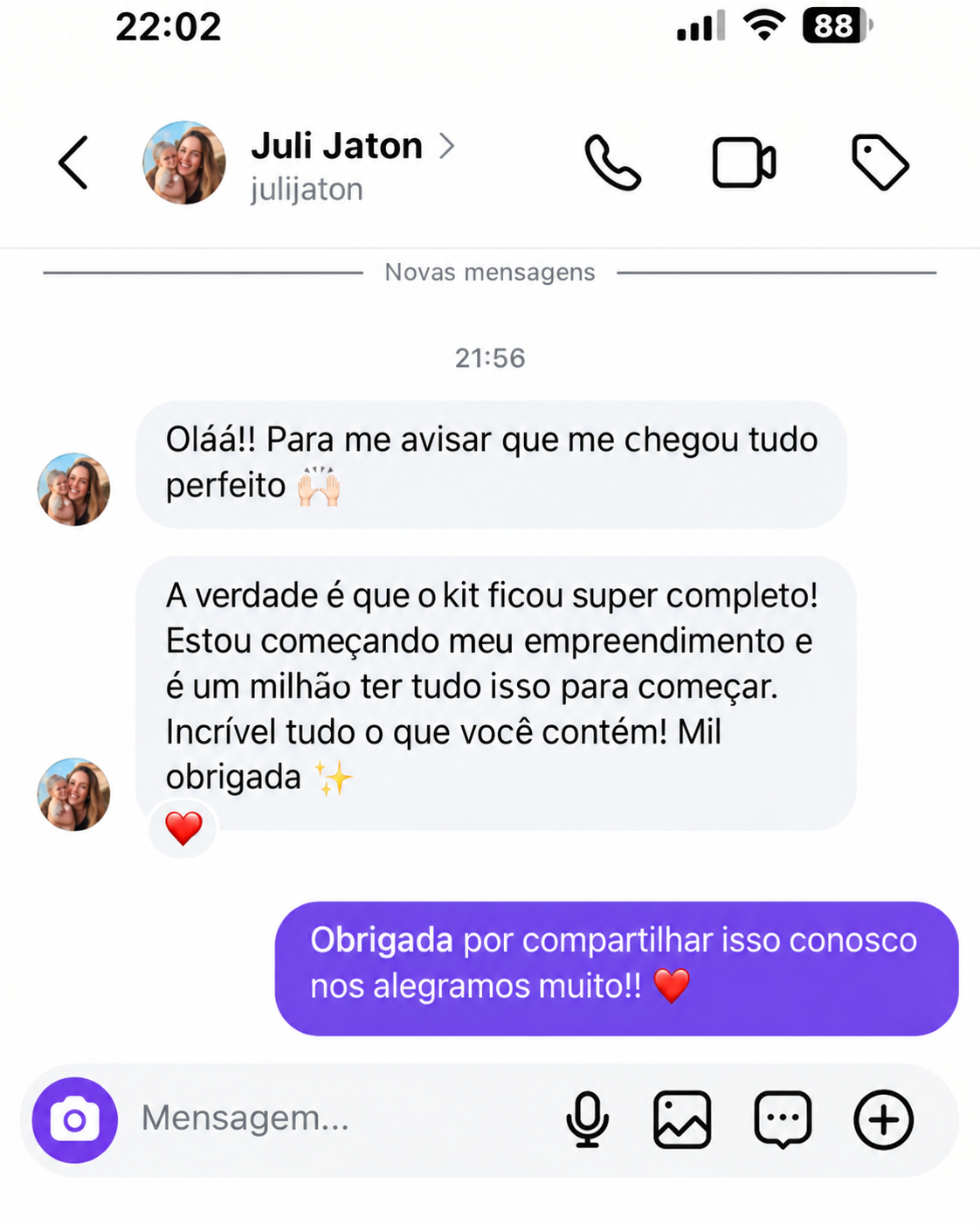 Mensagem de cliente (traduzida do espanhol)