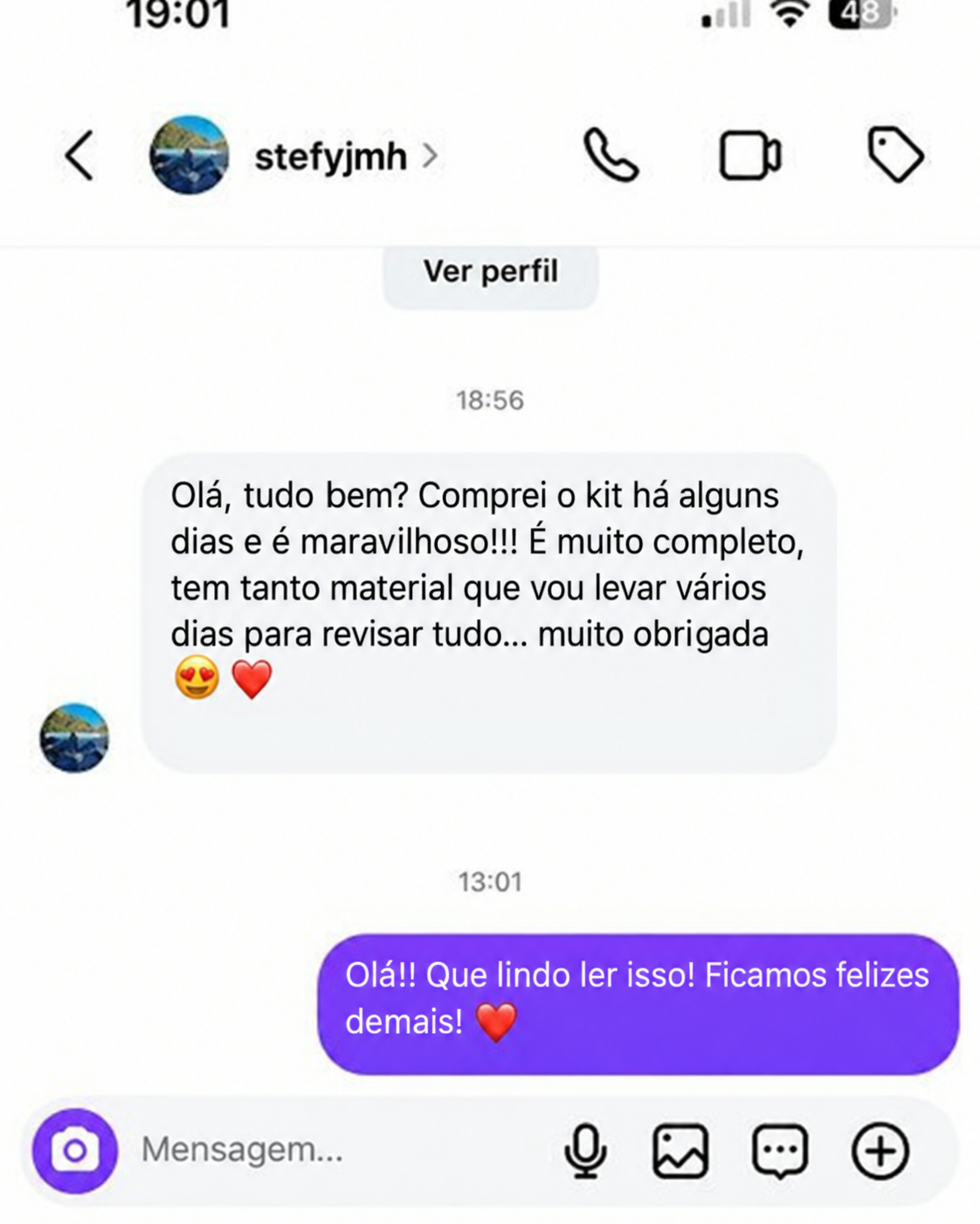 Mensagem de cliente (traduzida do espanhol)