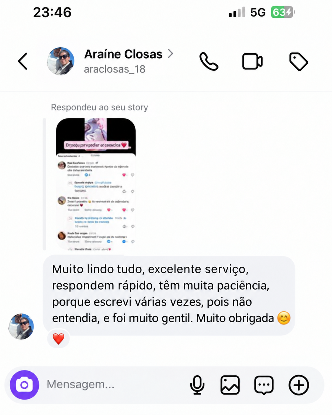 Mensagem de cliente (traduzida do espanhol)
